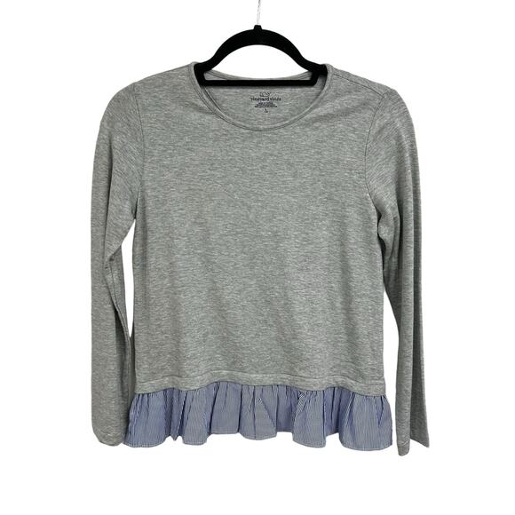 Vineyard Vines Girls Gray Long Sleeve Blue & White Stripe Trim Top Large 14 - Picture 1 of 5